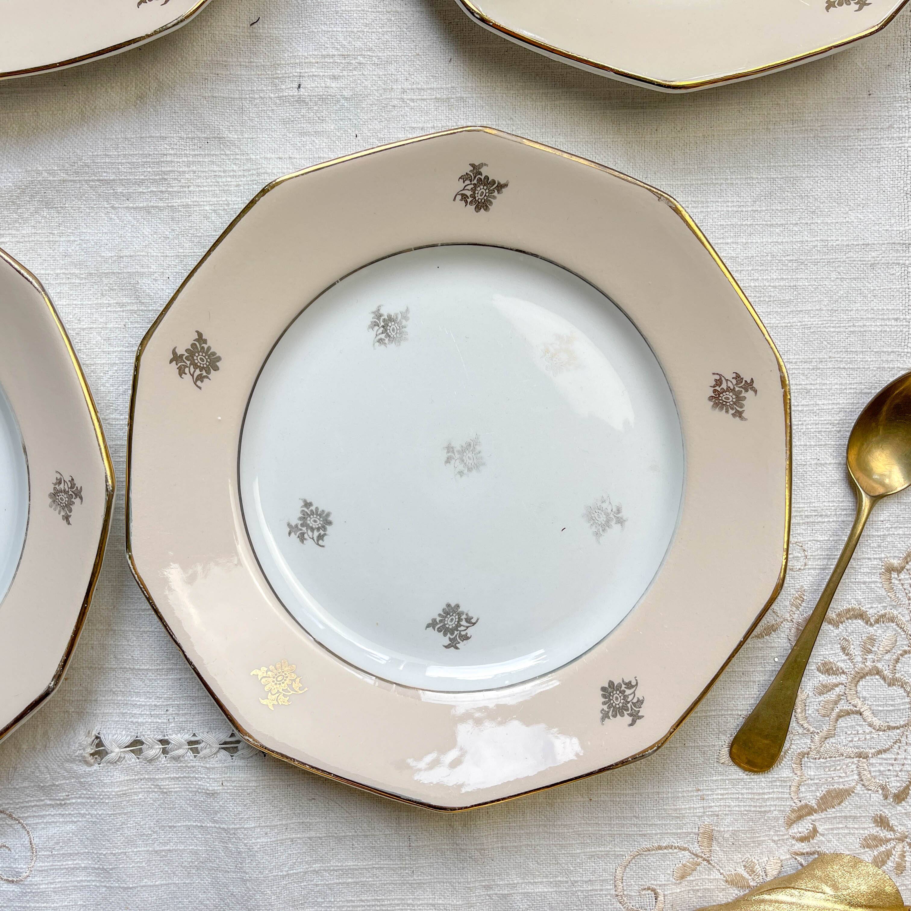 8 small vintage mismatched plates in French Limoges porcelain, Orchies - golden flower and bird motifs
