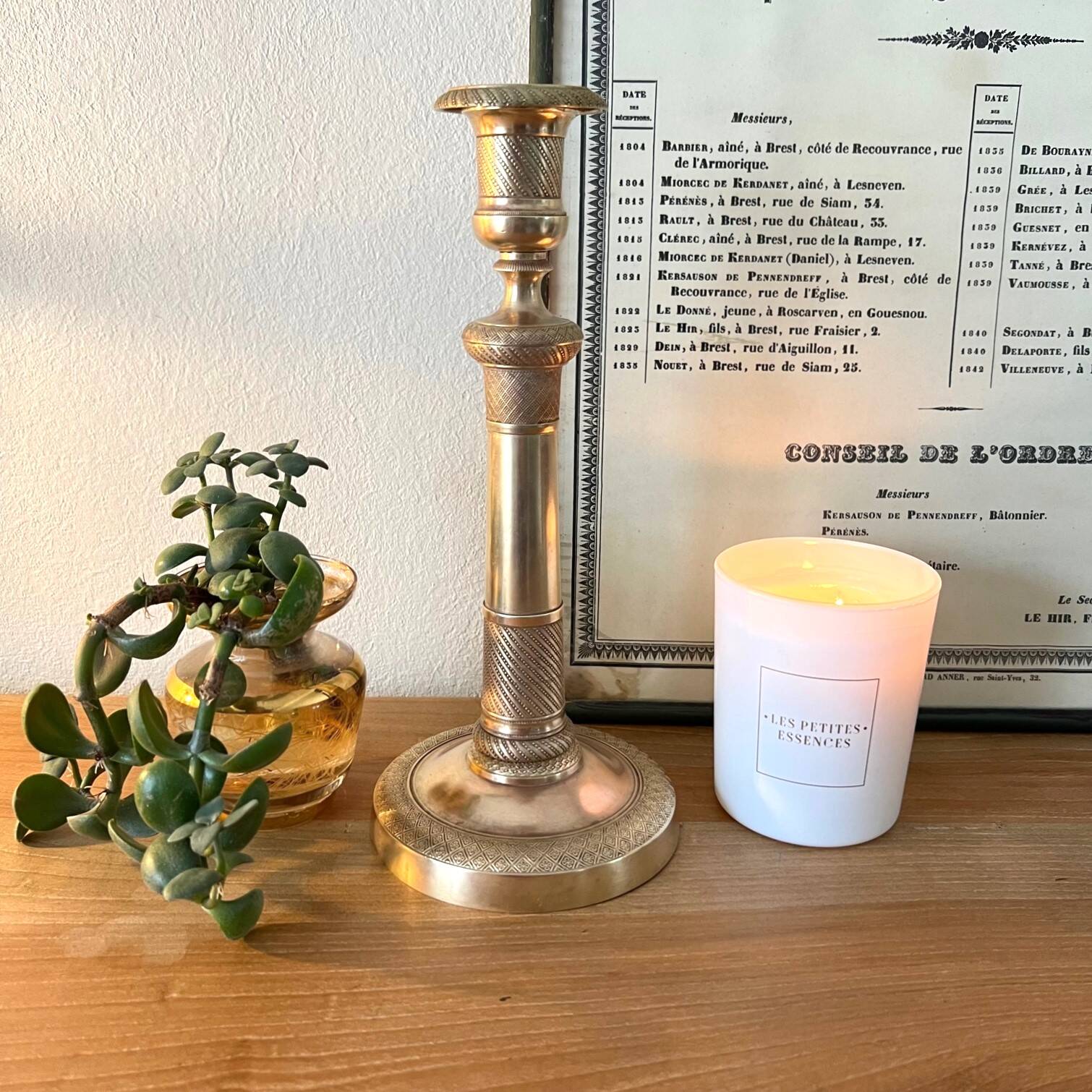 Large chiseled brass candle holder h24 cm