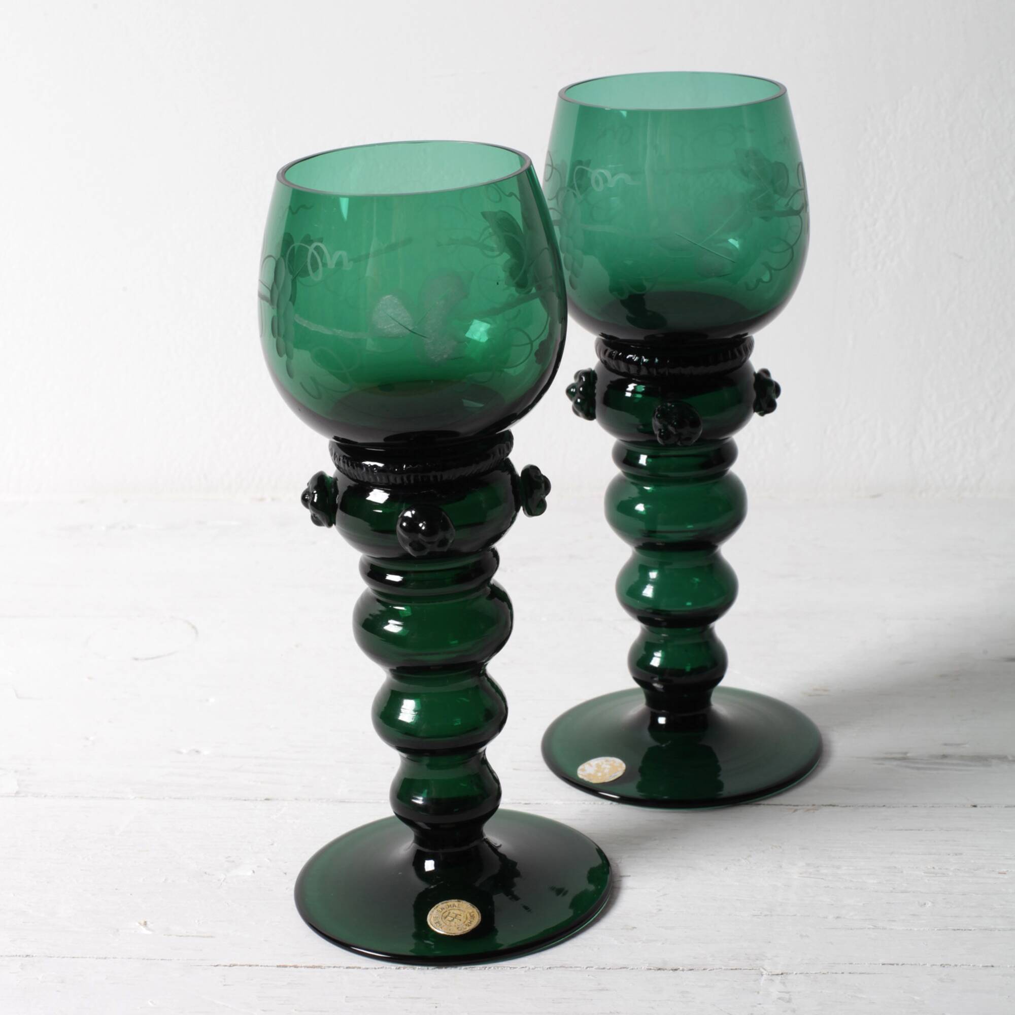 Vintage Emerald Green Wine Stem Crystal Glasses Remmare / Germany / 1960s