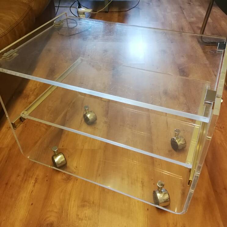 David Lange designer coffee table, plexiglass and gold metal, sliding top