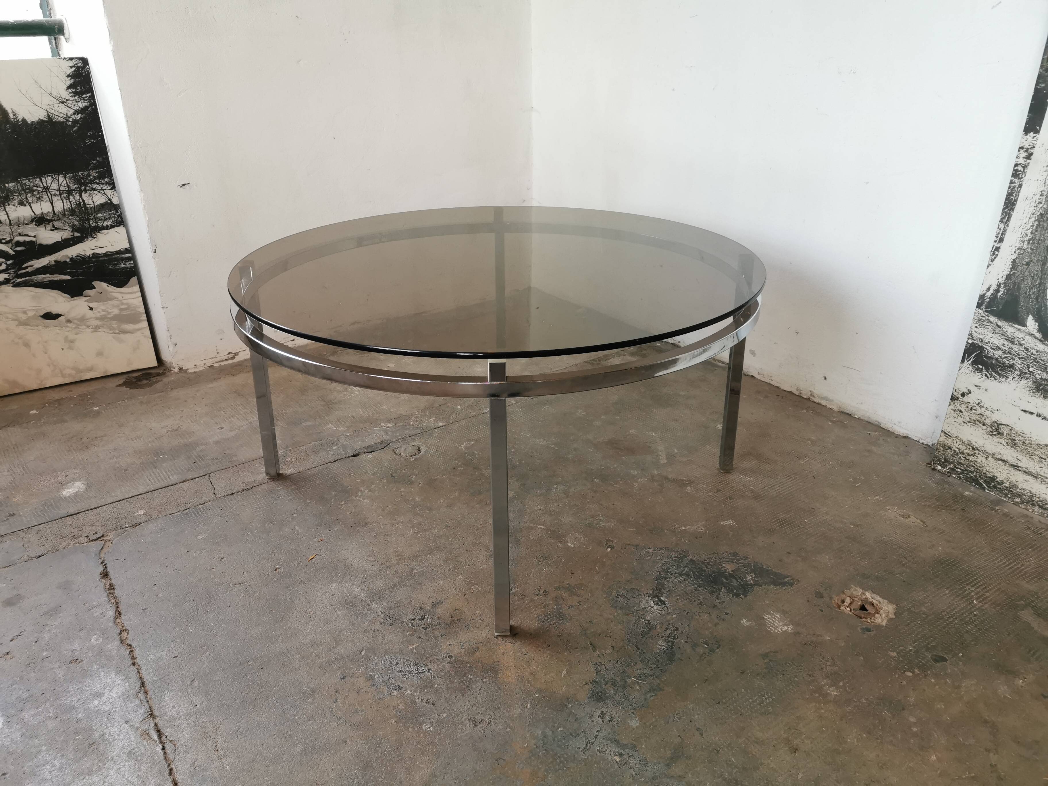 Round coffee table, chrome and smoked glass