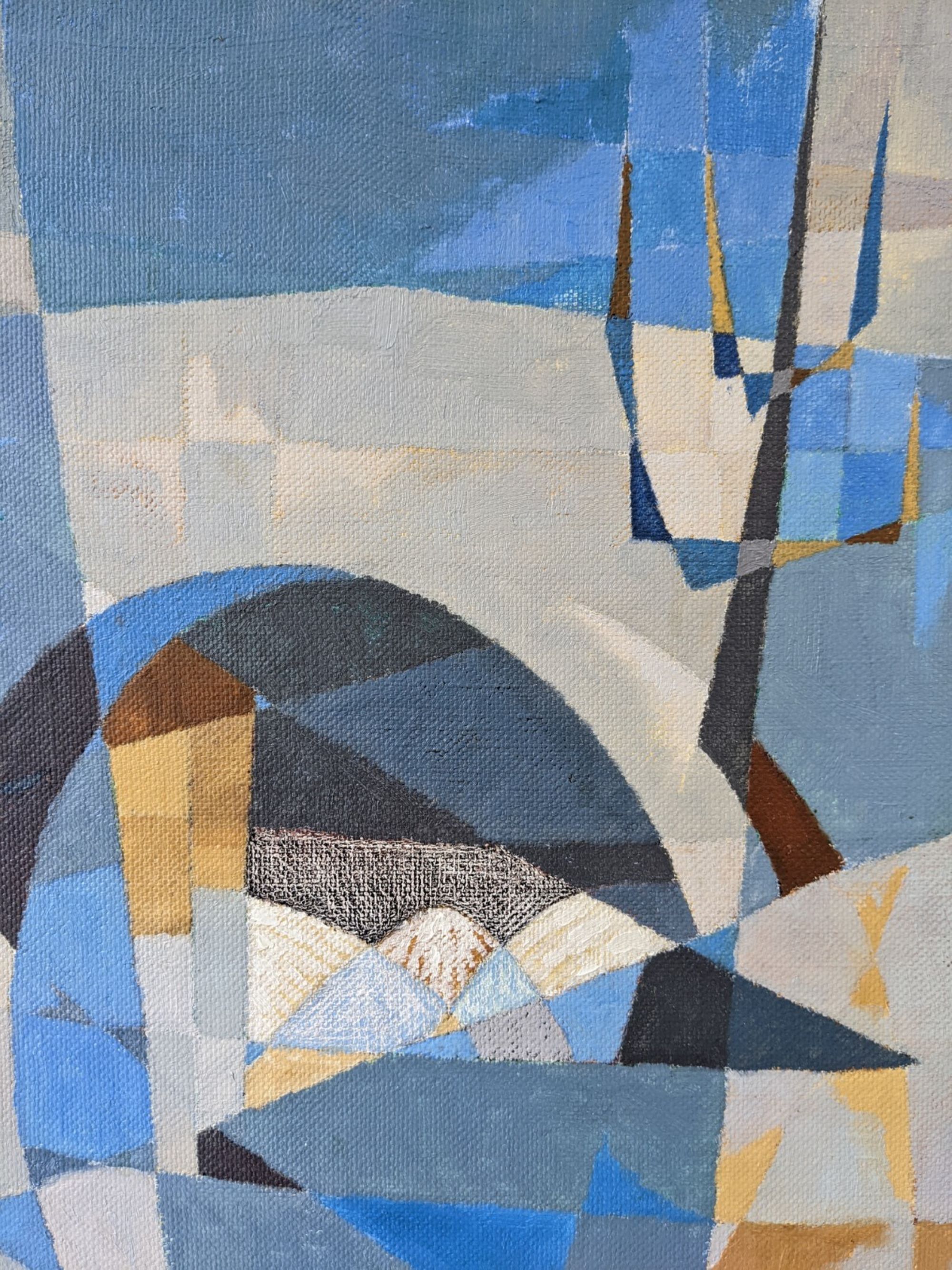 1955 mid-century modern swedish "sea bridge" vintage abstract oil painting, framed