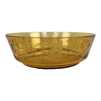 Vintage Hand Cut Amber Glass Bowl / Bohemian hand cut glass