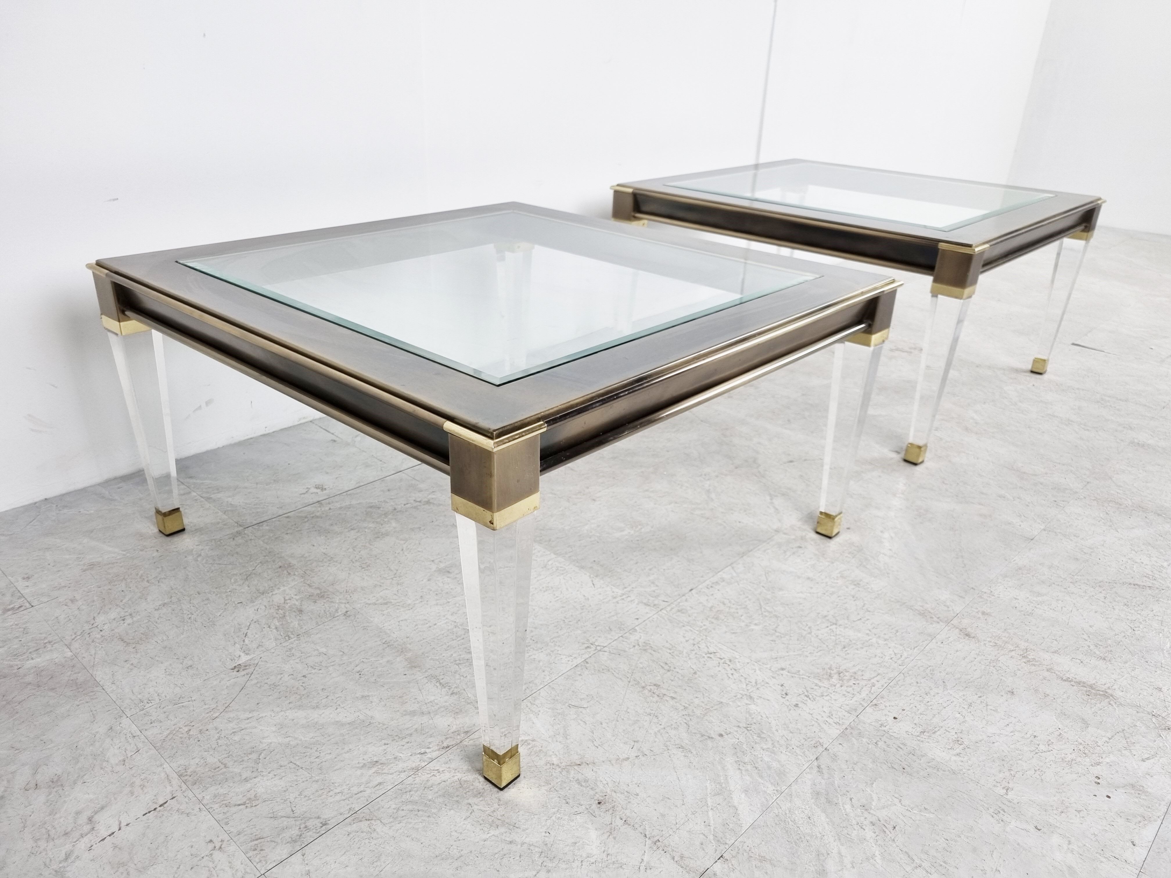 Vintage lucite and brass side tables, 1980s