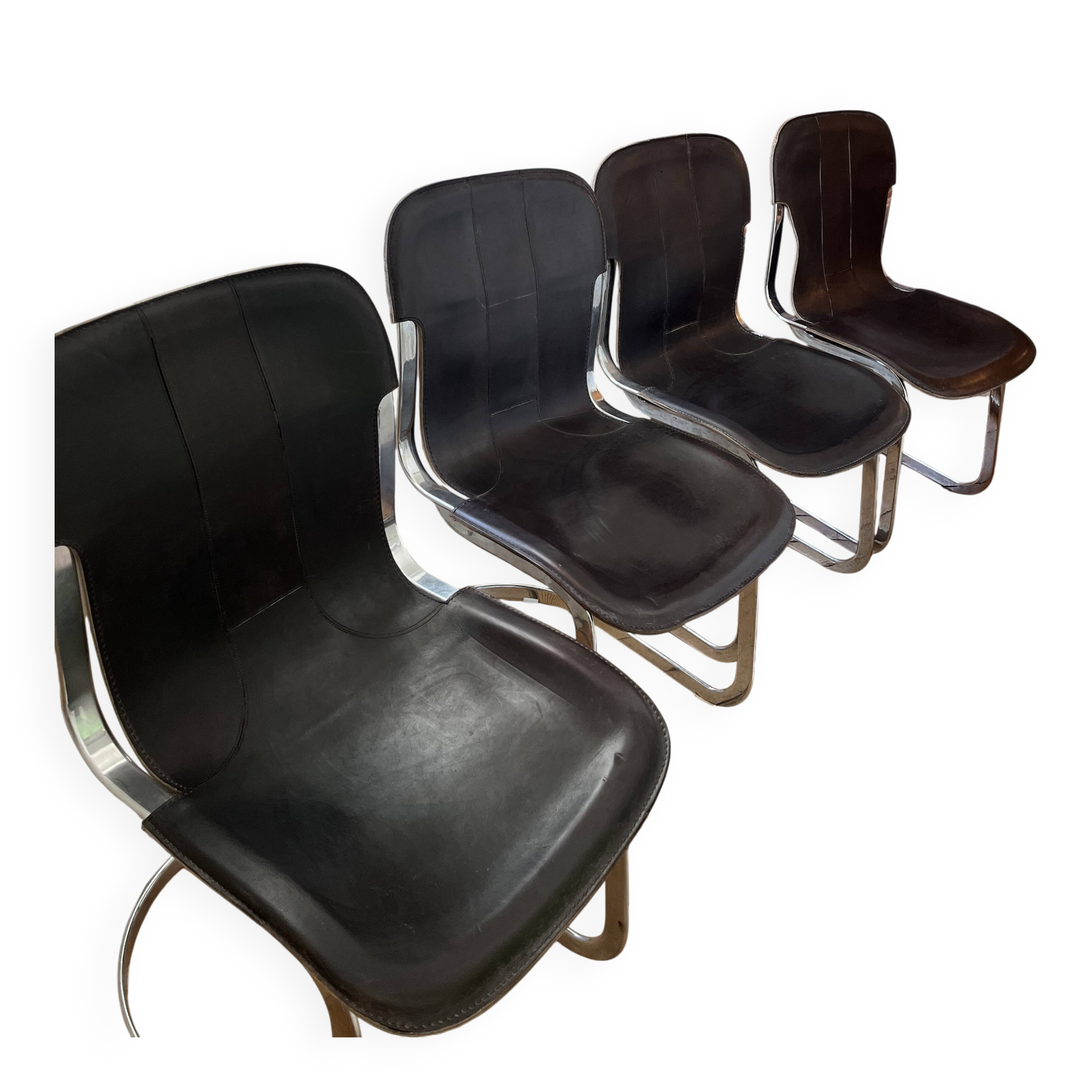 4 c2 chairs by cidue italy, in chrome metal and dark brown leather. 1970s.