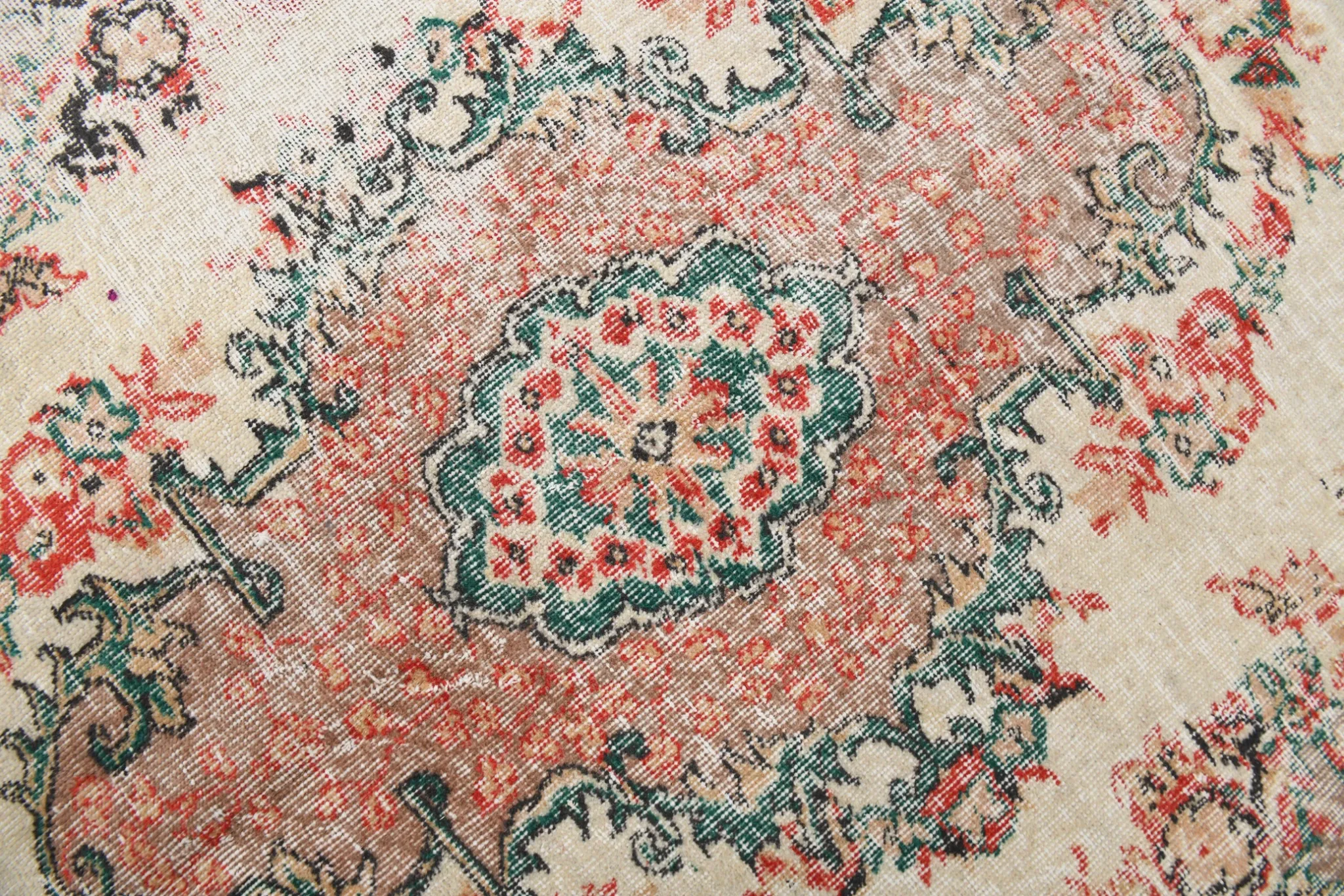 Dusty Red & Green Turkish Vintage Rug, Persian Style Oriental Carpet,