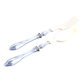 Salad serving set in antique ivory, silver-plated handle.
