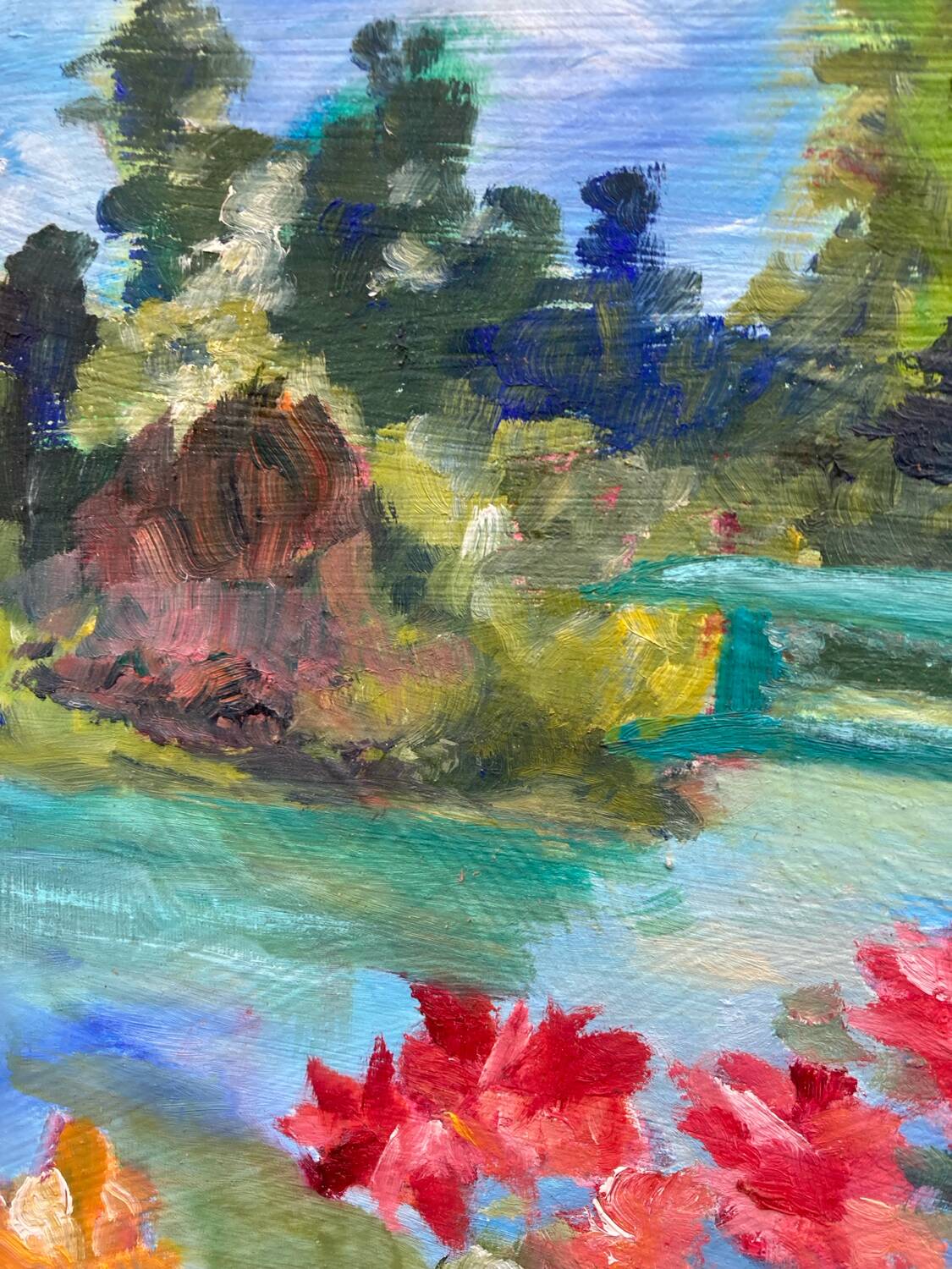 Old oil painting / landscape painting and flowers