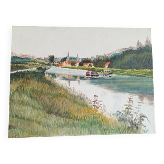 Petit tableau marine village au bord du canal