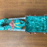 Vintage Italian hand-painted sculpture of a donkey with a cart in the shape of a bowl from Deruta, Italy.