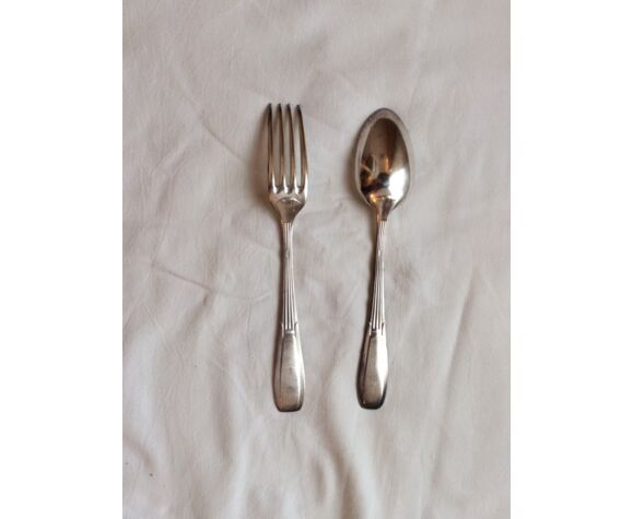 Cuillère et fourchette ancienne en métal argenté | Selency