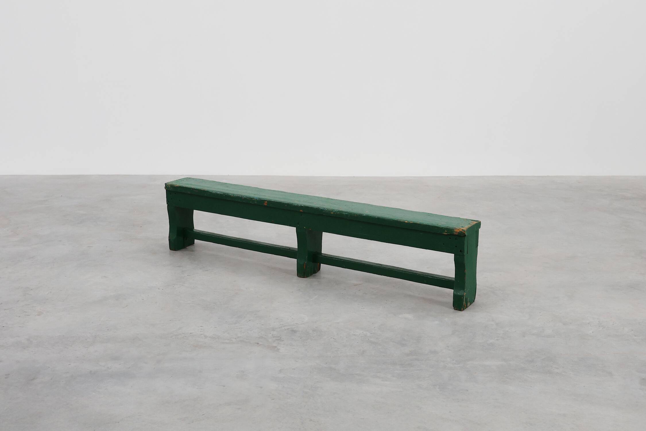 Rustic primitive green farmhouse bench in solid oak, France ca. 1900