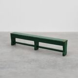 Rustic primitive green farmhouse bench in solid oak, France ca. 1900