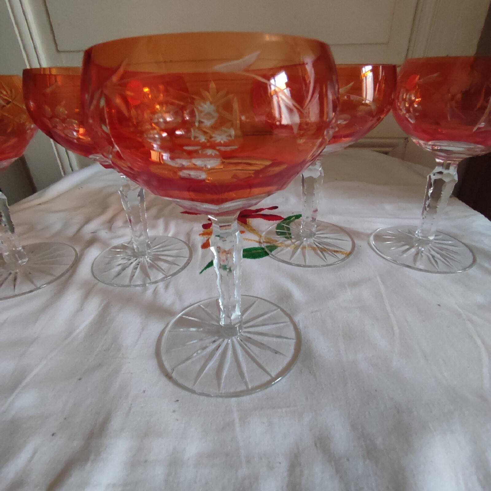 Five antique orange cut crystal champagne glasses with grape cluster decoration Poland