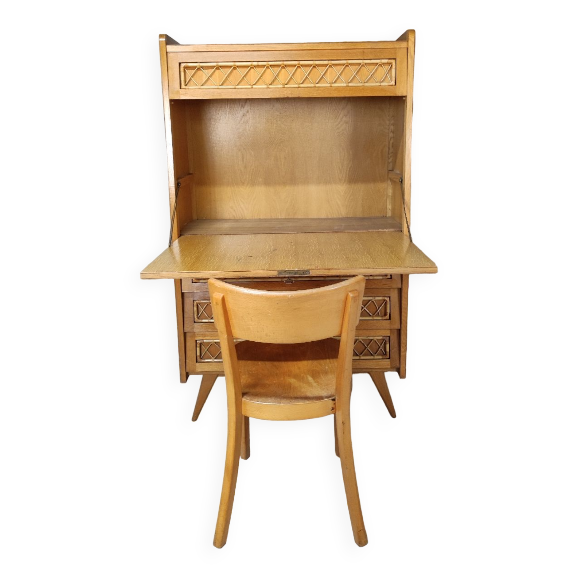 Vintage wood and rattan secretary