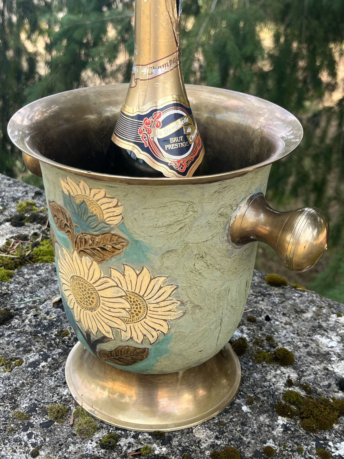 Cloisonne Brass champagne bucket with sunflower relief decoration
