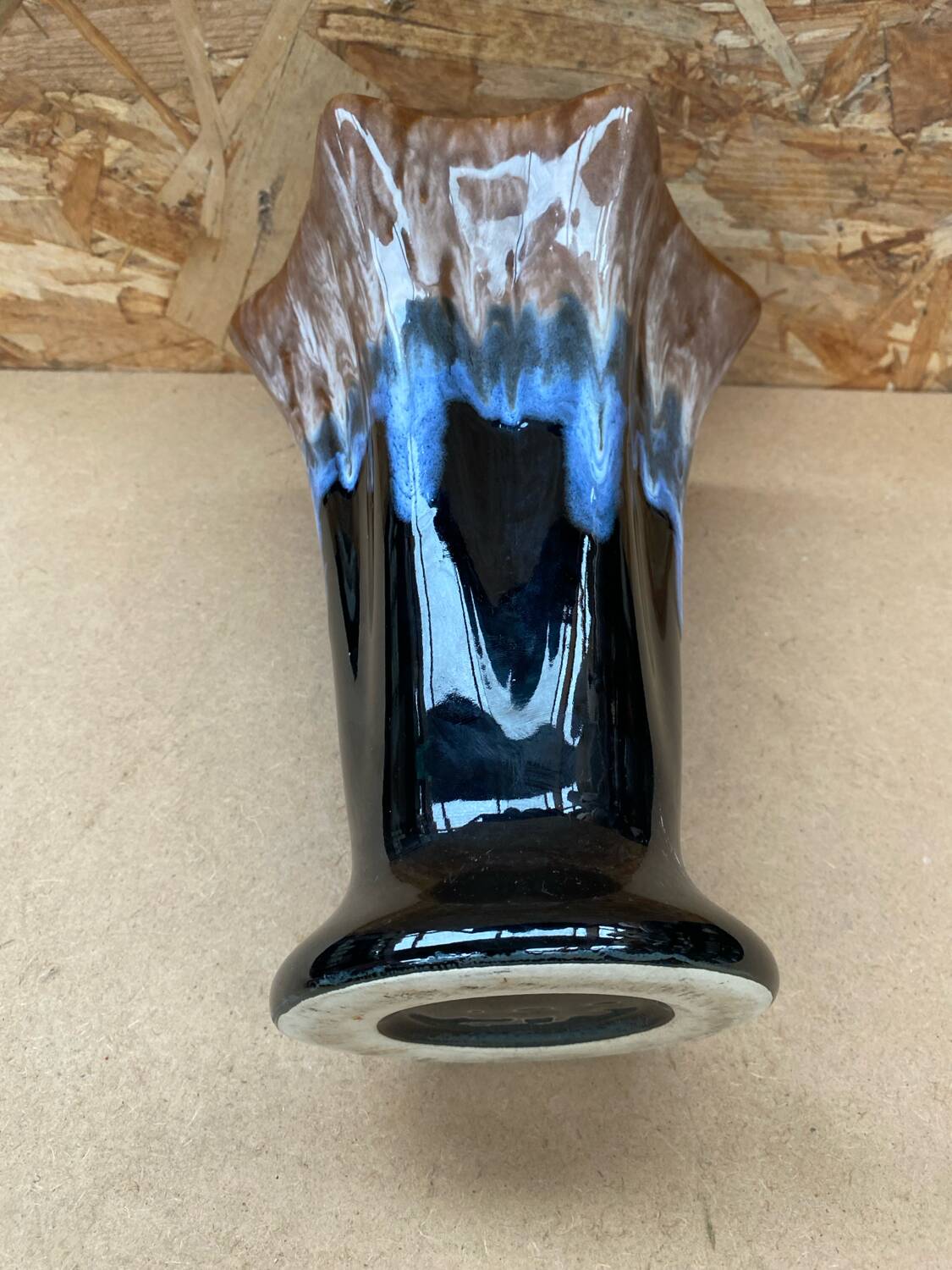 Antique Vallauris Style Ceramic Vase Black Blue Beige Vintage