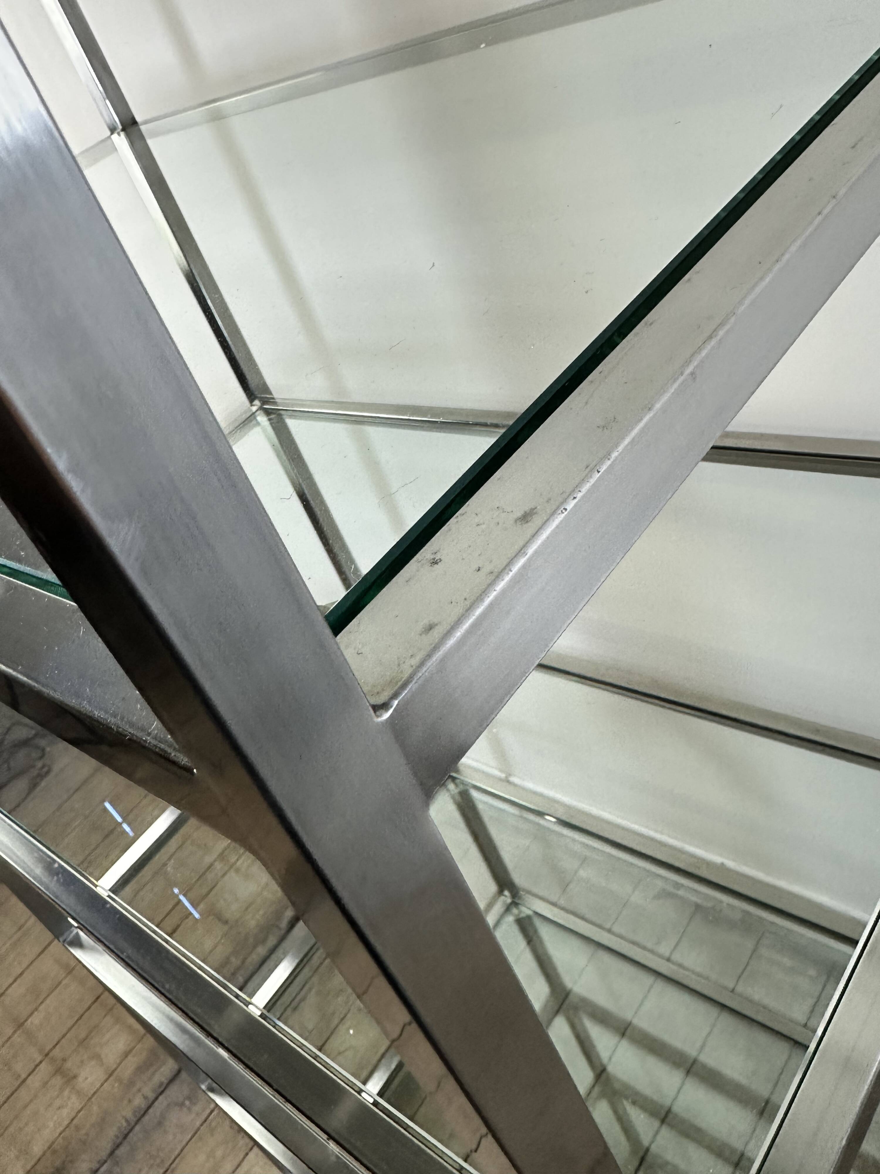 1980s stainless steel and glass bookcase shelf