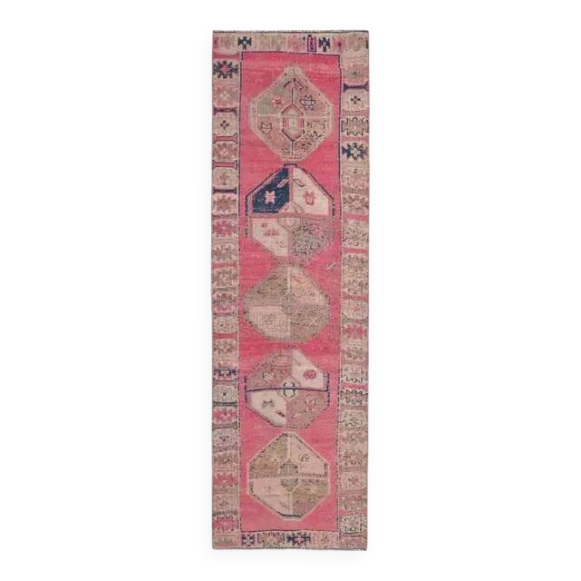 Vintage Turkish Hand-Knotted Wool Cotton Pink Runner Rug 100x335