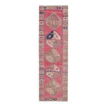 Vintage Turkish Hand-Knotted Wool Cotton Pink Runner Rug 100x335