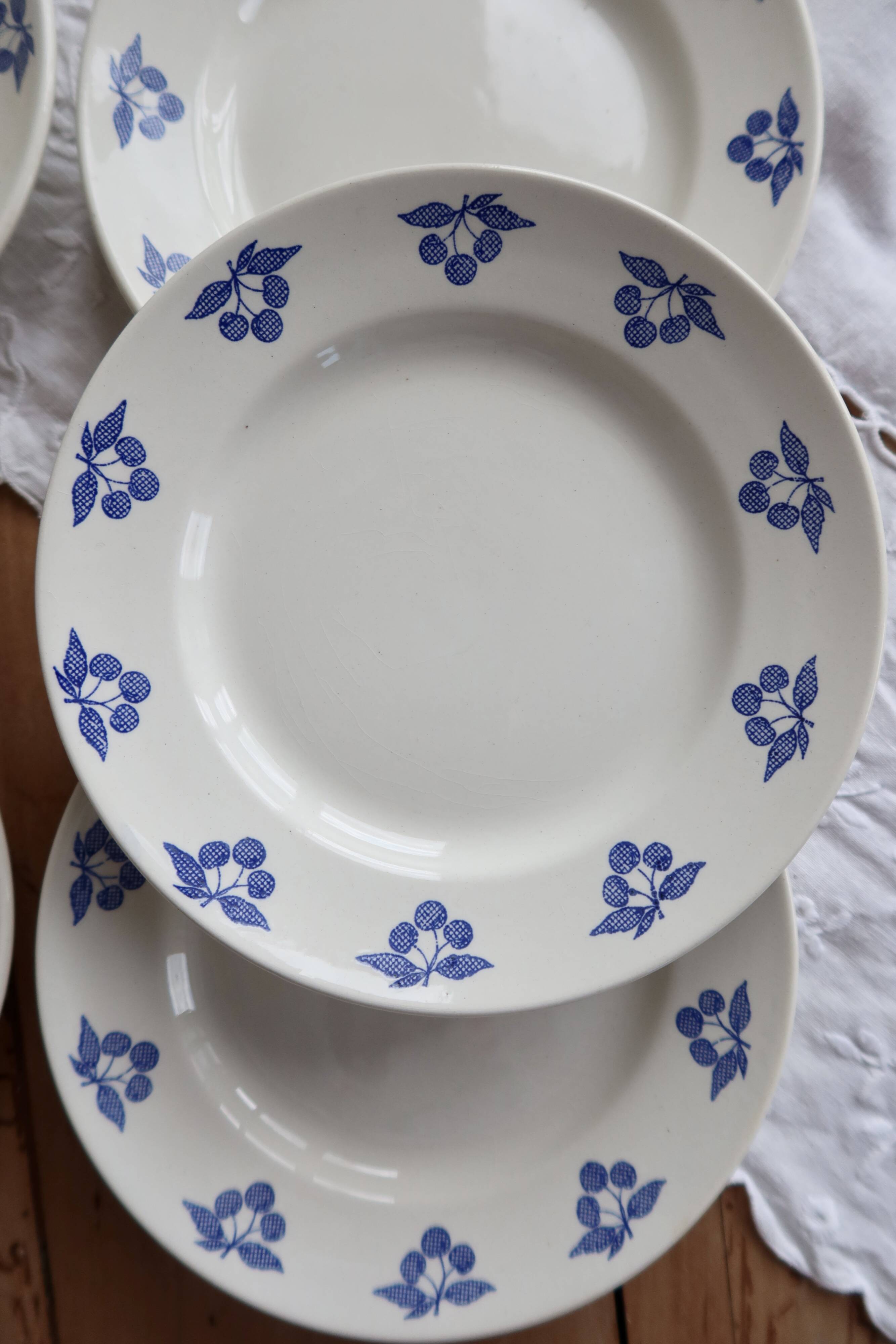 6 vintage white earthenware dessert plates - Blue cherry design