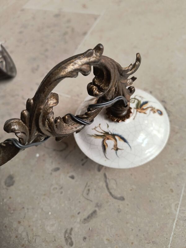 Lustre bronze, cuivre et faïence style gien