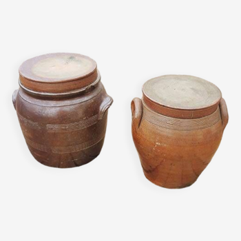 2 Anciens Pots à Graisse avec Couvercle en Grès Vernissé Marron