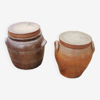 2 Old Grease Pots with Lids in Brown Glazed Stoneware
