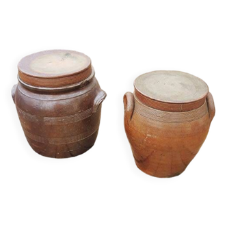 2 Anciens Pots à Graisse avec Couvercle en Grès Vernissé Marron