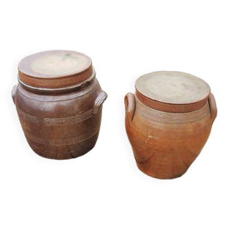 2 Old Grease Pots with Lids in Brown Glazed Stoneware