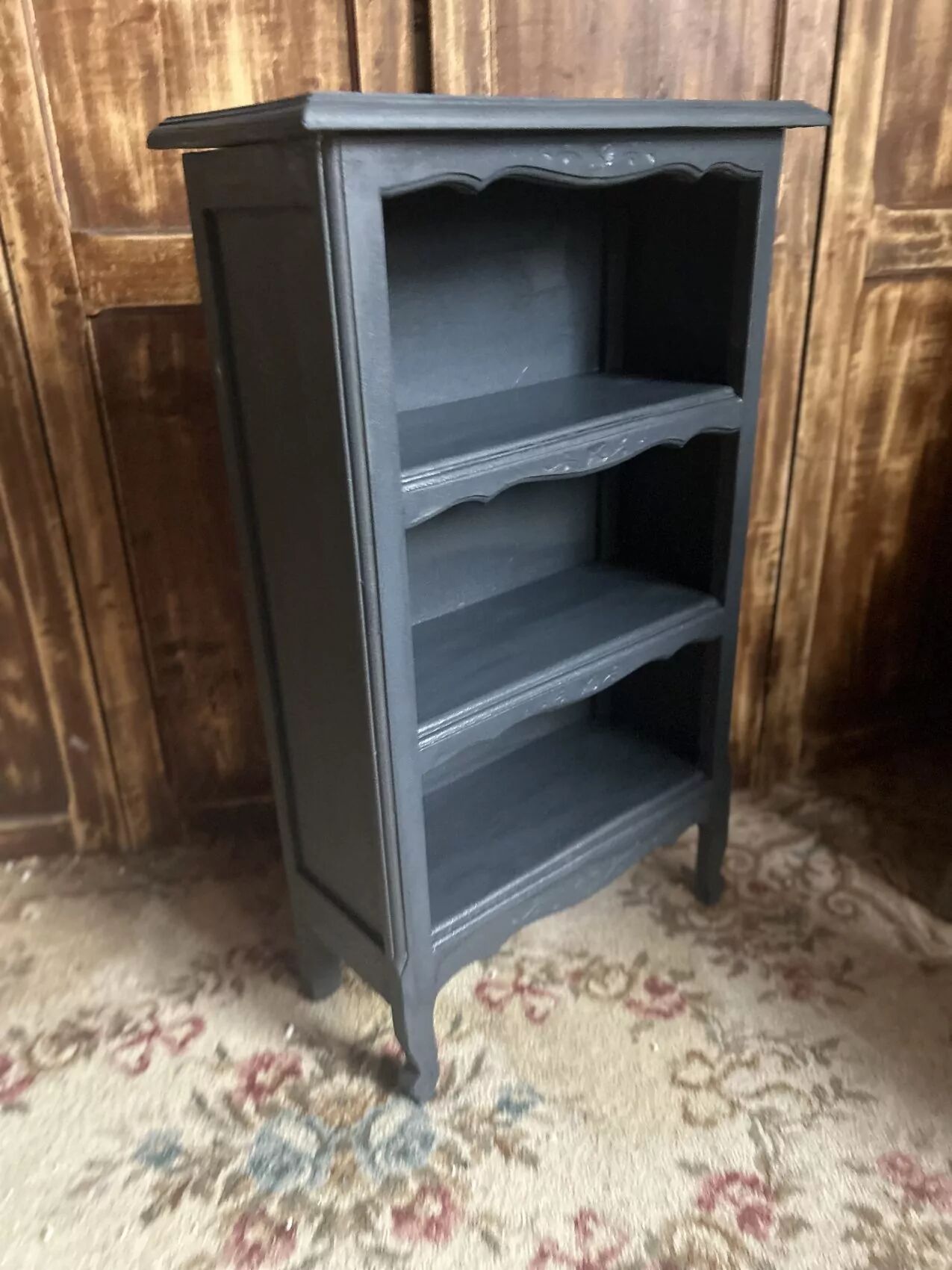 Antique mini oak bookcase – small 19th-century library with slate patina, a lovely rarity.