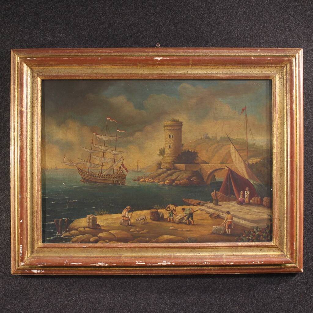 20th century Italian painting of a harbor view