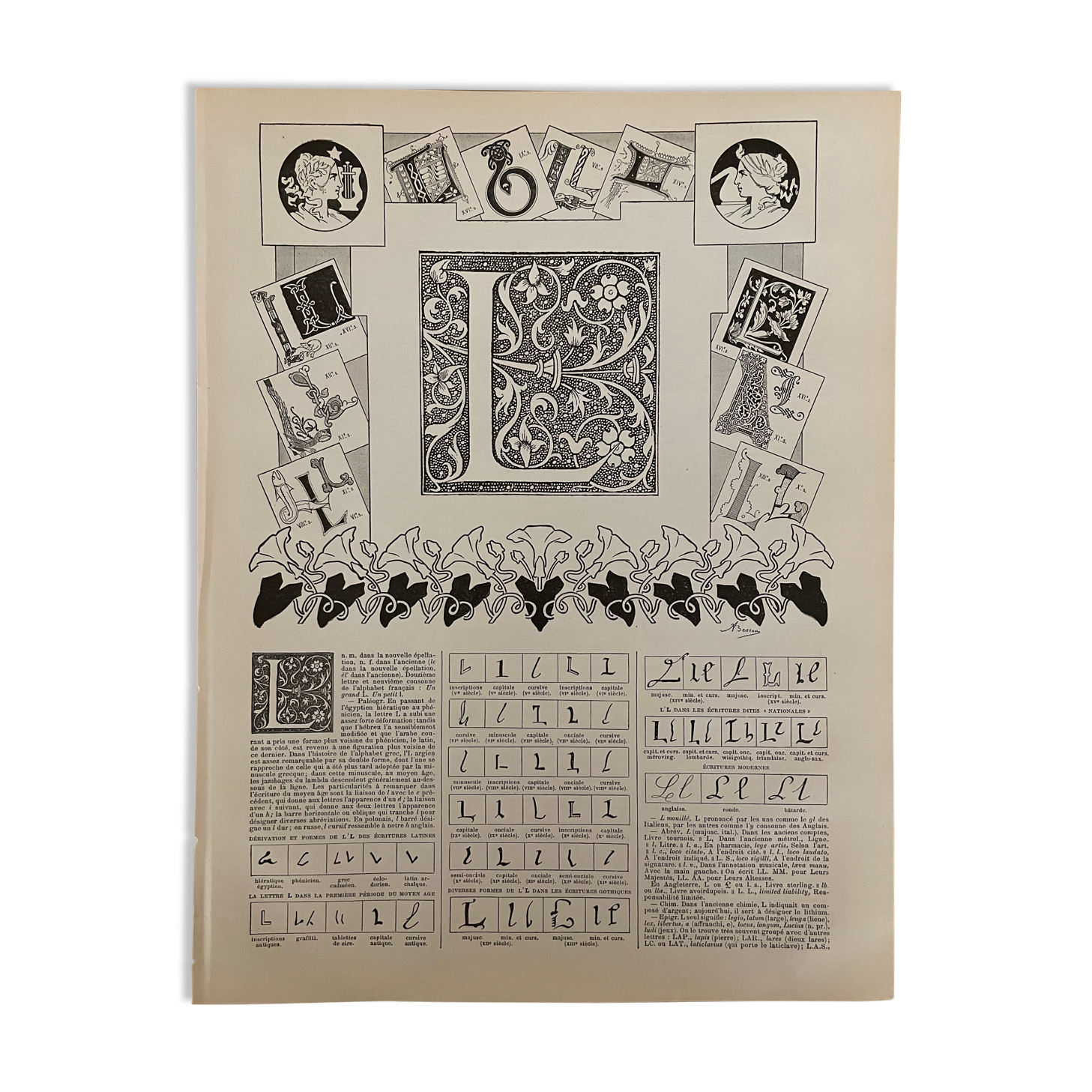 Lithograph engraving alphabet letter L of 1897