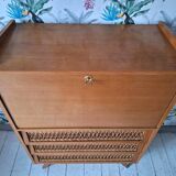 Commode vintage en rotin, secrétaire, meuble bar