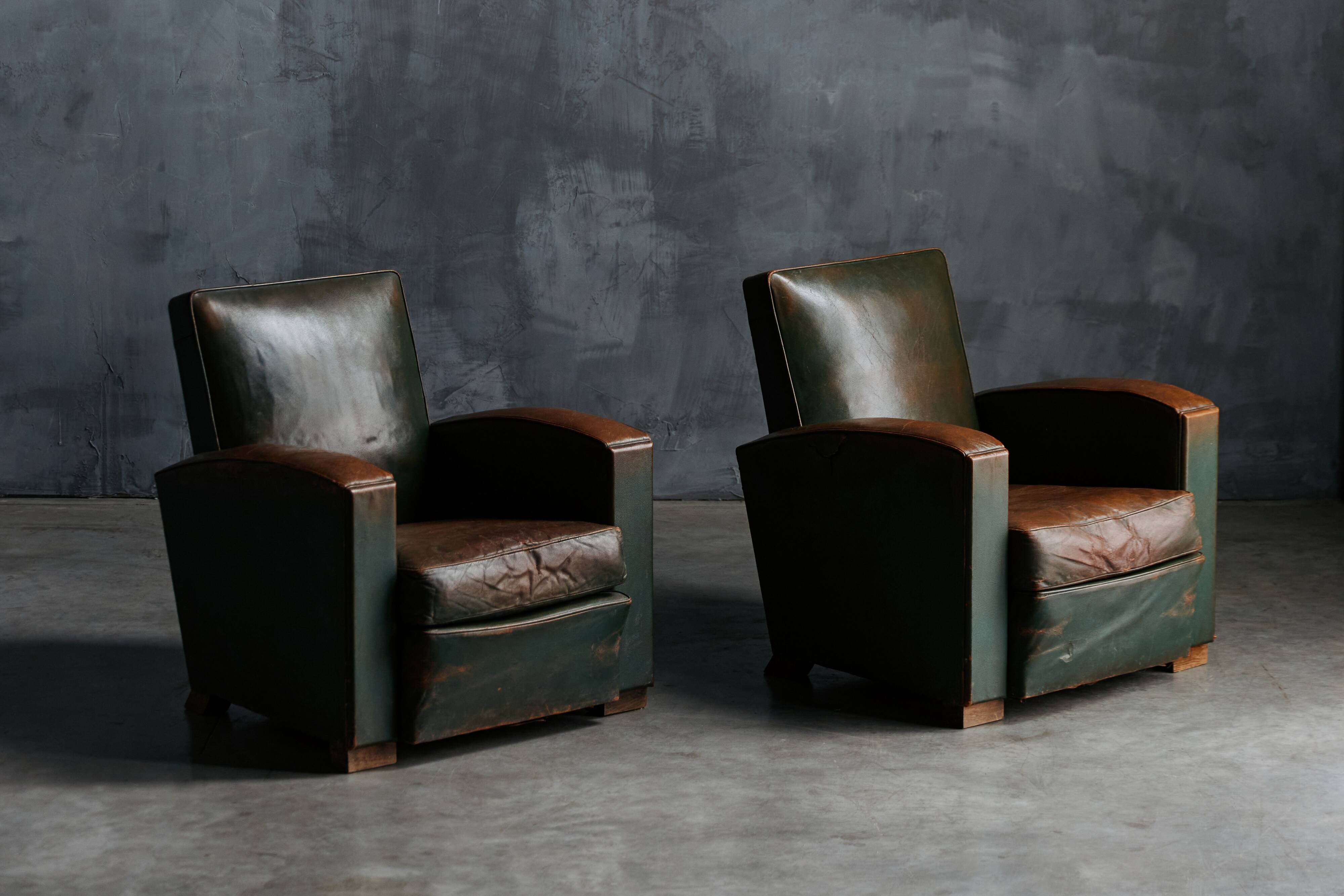 Art Deco Leather Club Chairs, France, 1930s