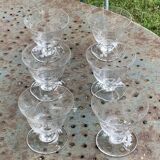 6 elegant clear glass champagne glasses with chiseled flower pattern
