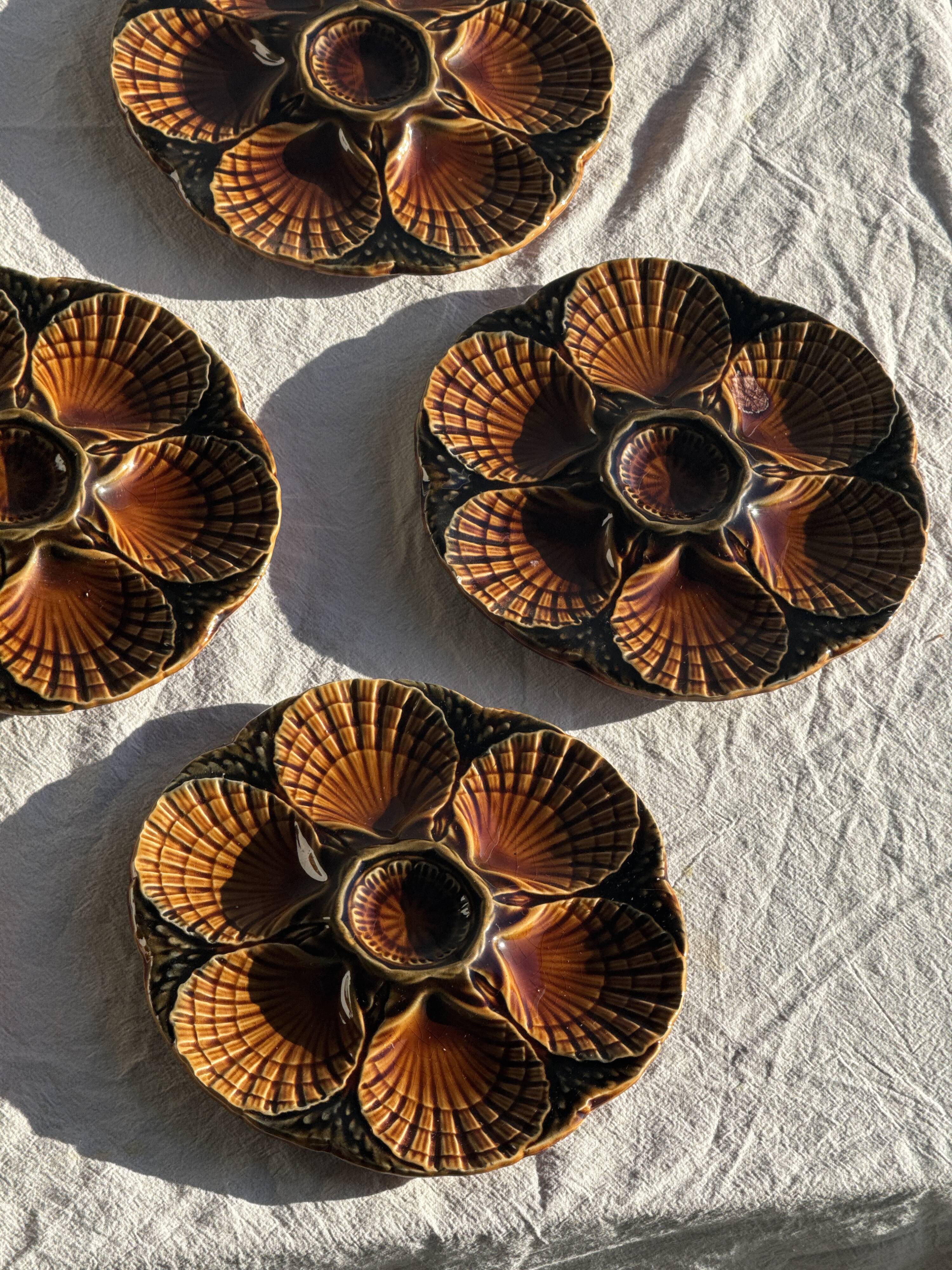 Set of 12 oyster or shell plates in glazed brown ceramic D