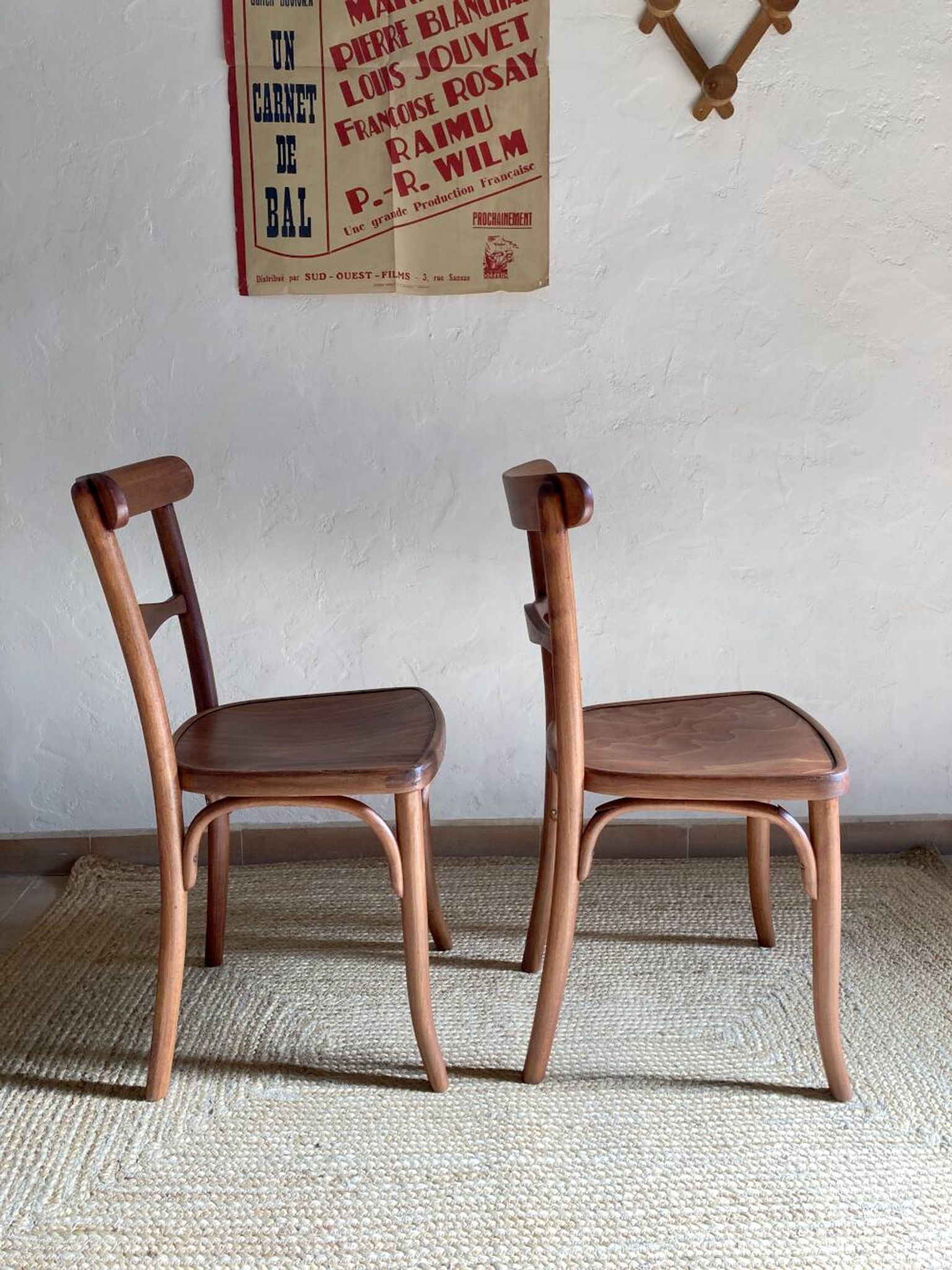 Pair of wooden bistro chairs signed Thonet, 1940s