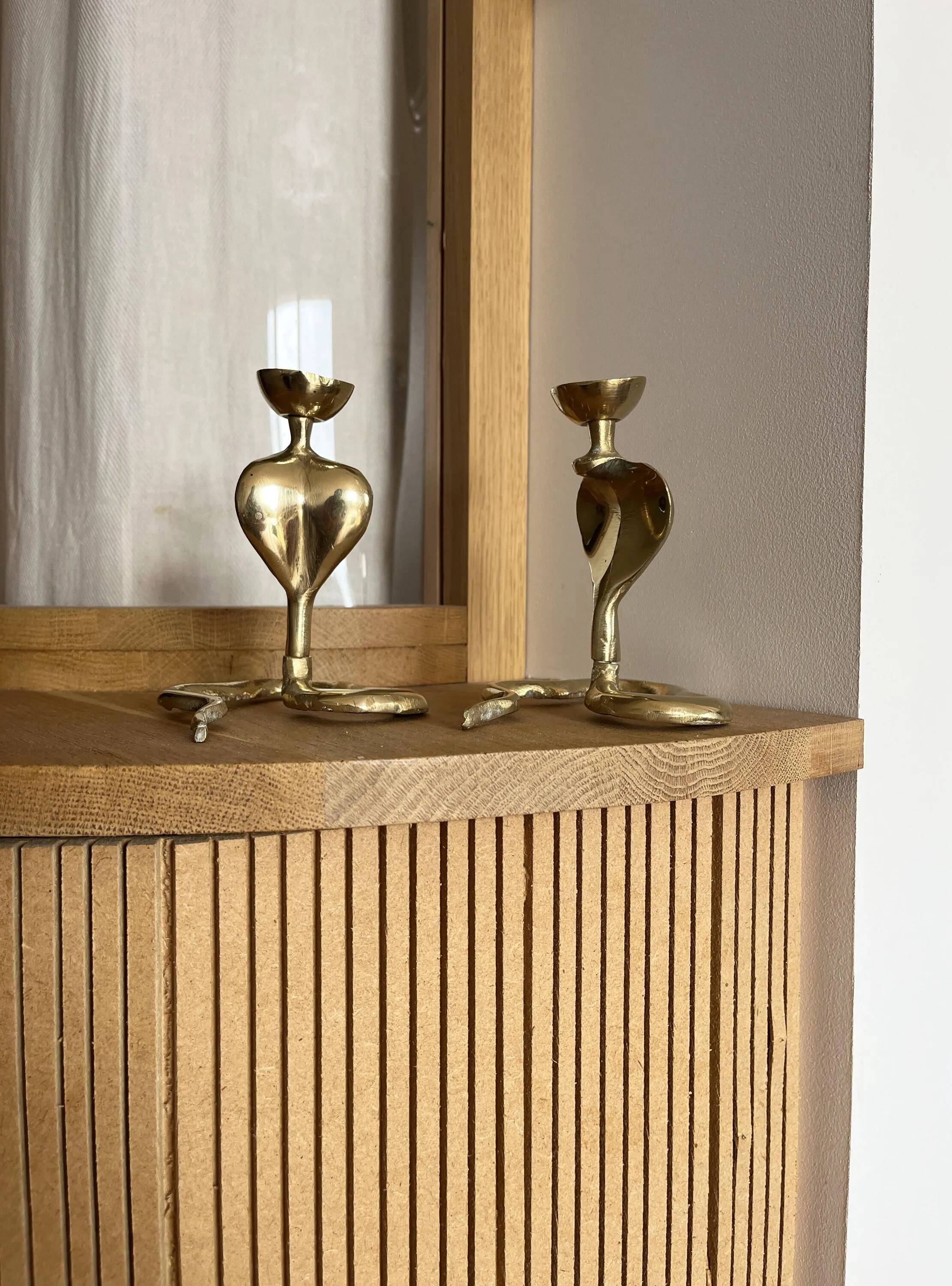 Pair of vintage brass snake candlesticks