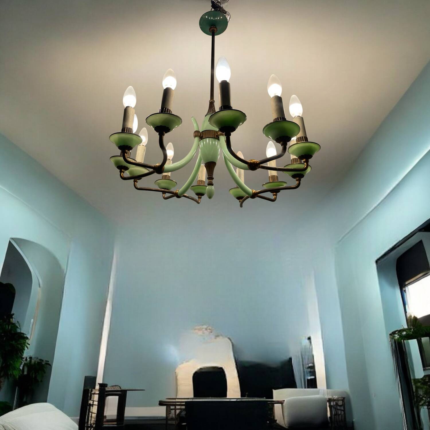 1950’s Opaline Glass Bronze Chandelier