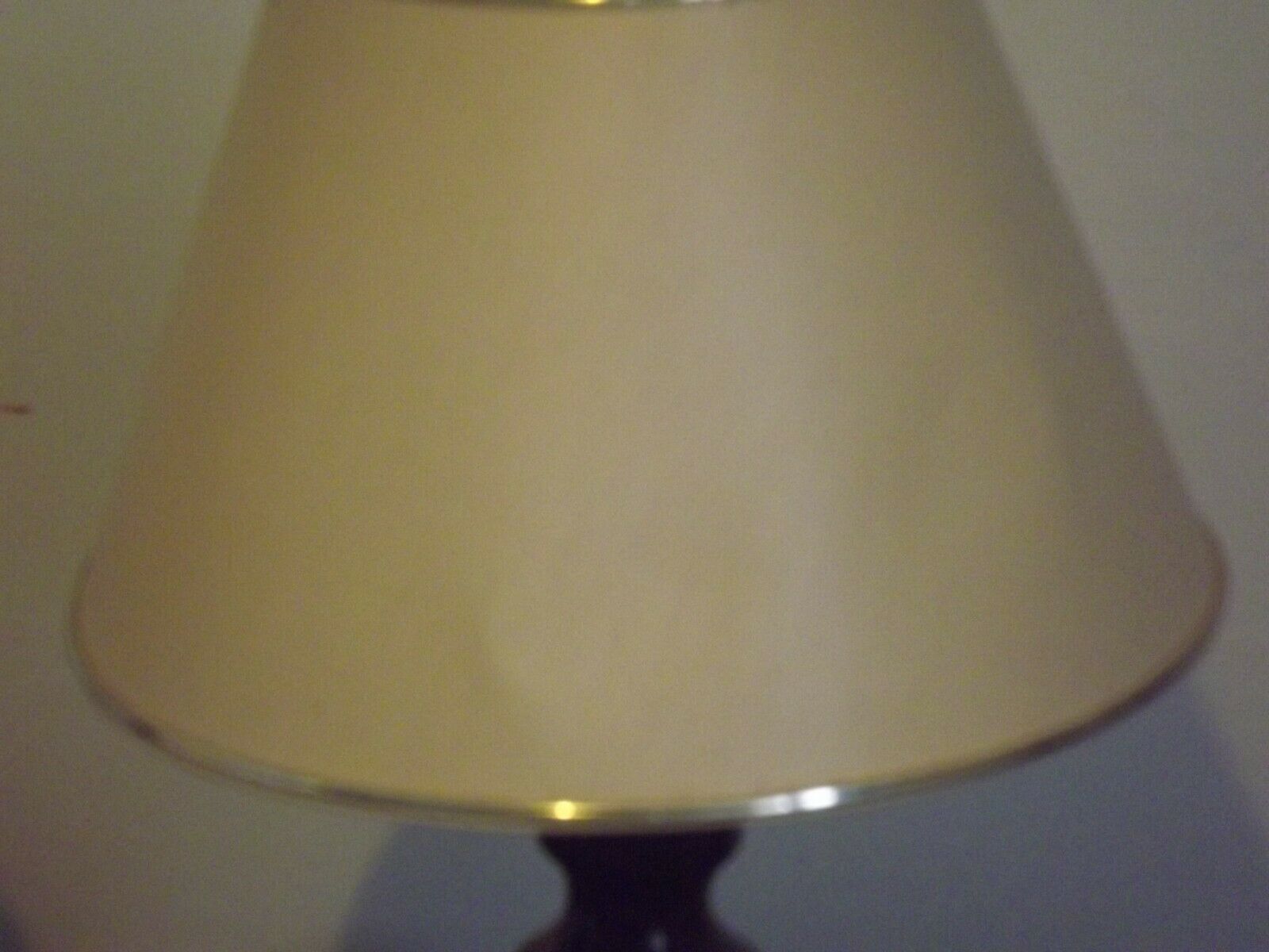 Pair French Mid Century Turned Wood Table Lamps With Beige & Gold Shades 3247
