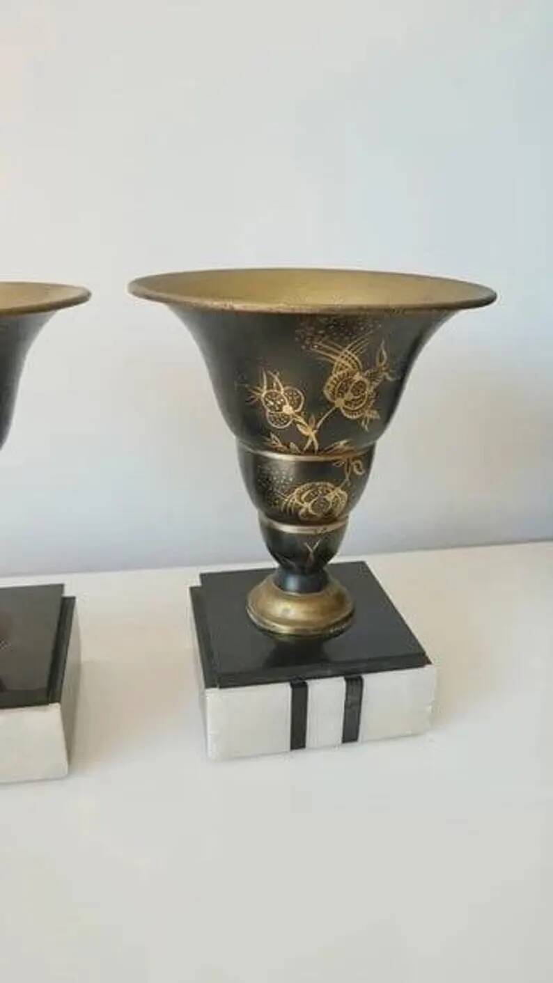 Superb pair of Art Deco enamelled brass cassolettes – black and white marble base – 1930s