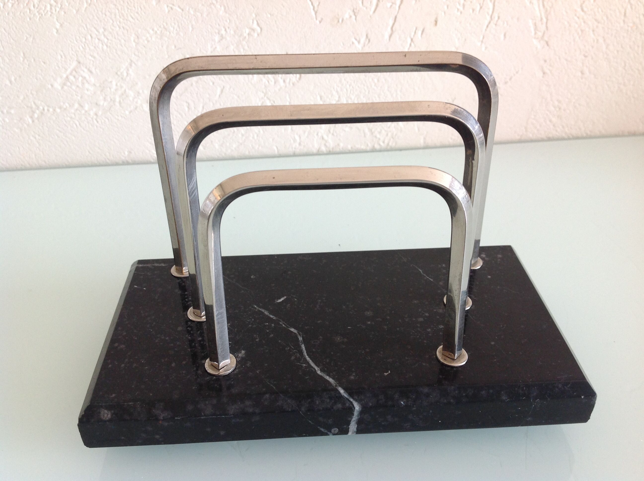 Letter holder in black marble and chrome metal art deco style