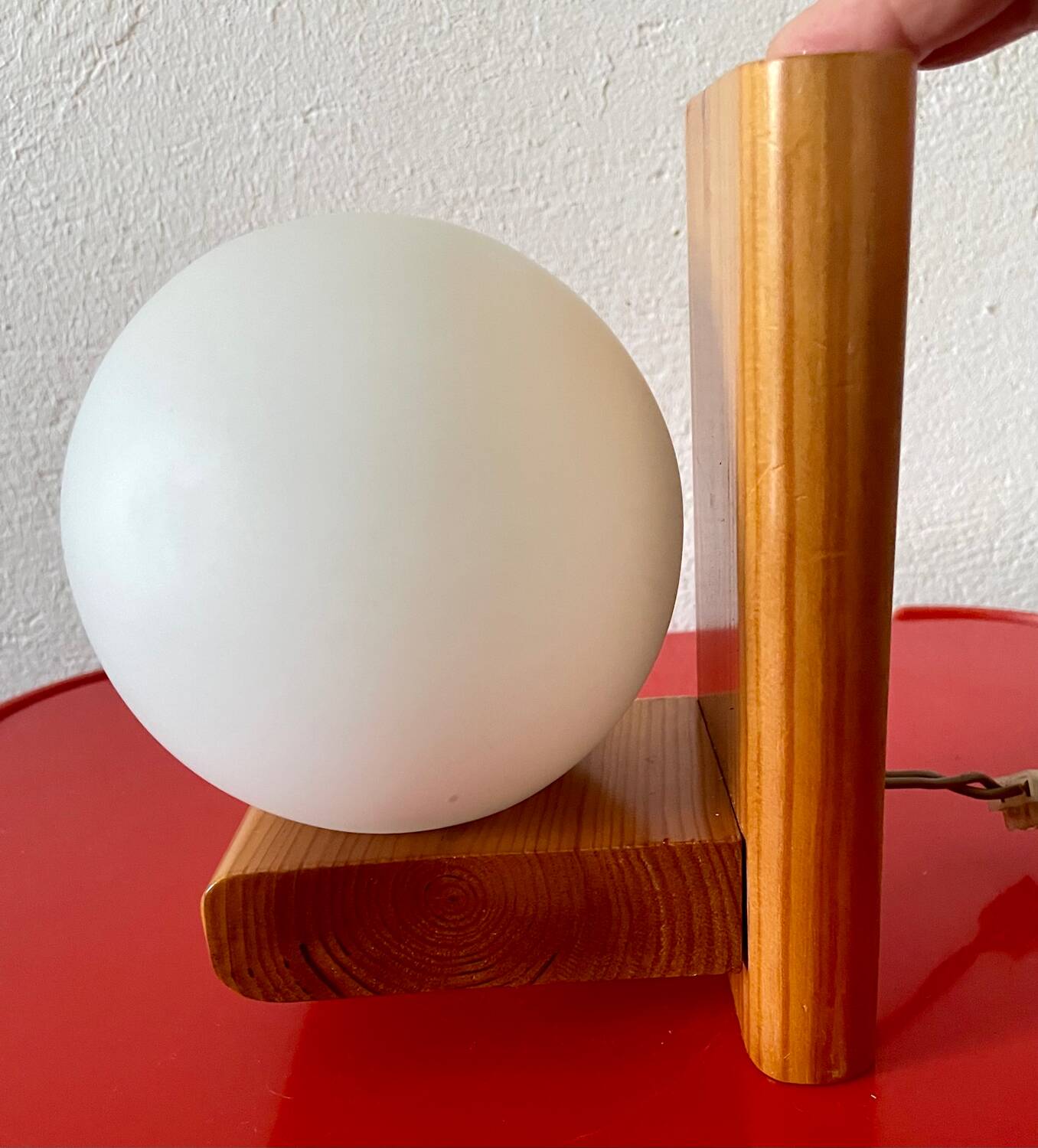 Vintage pine wall lamp with opaline globe
