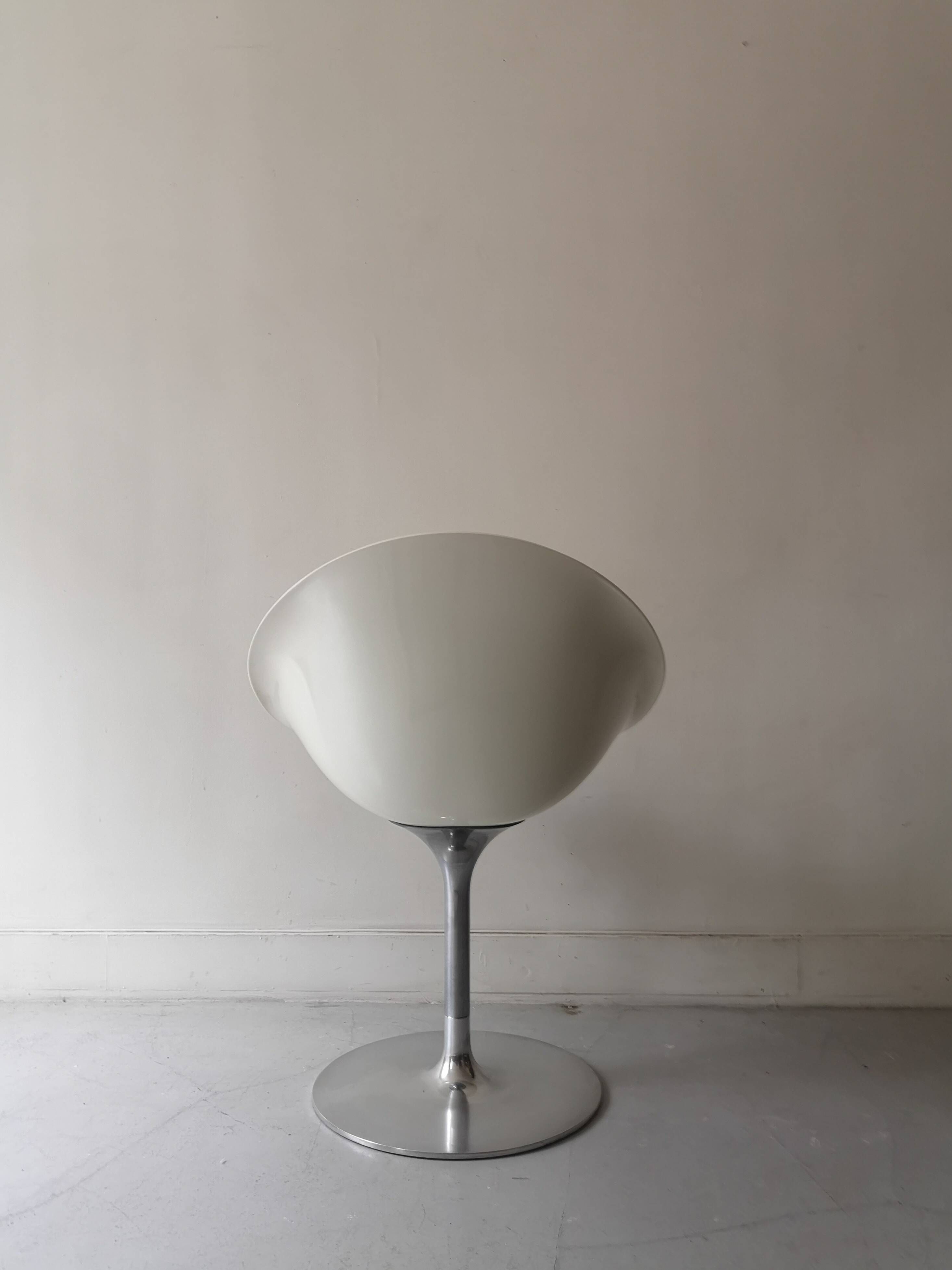 Ero swivel armchair in metal and white shell, p. starck design for kartell