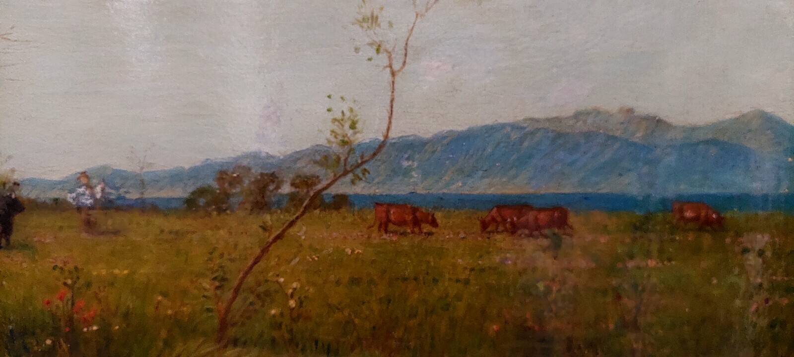 Antique oil painting on panel landscape figures cows - 19th century