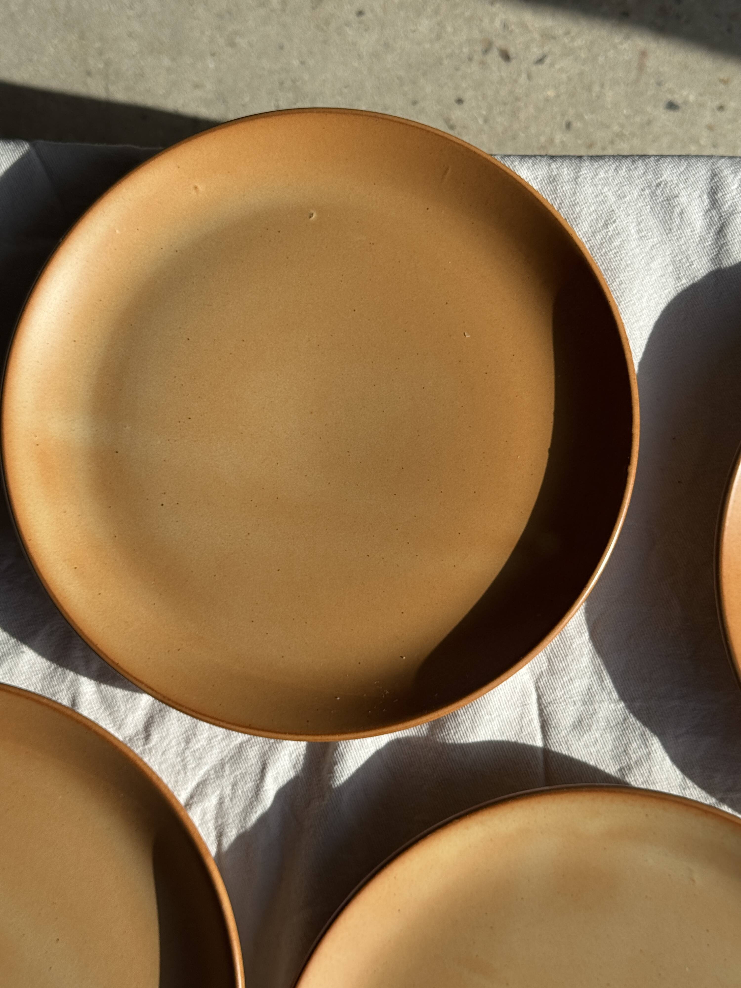 Set of 4 flat dinner plates in stoneware, no brand underneath.