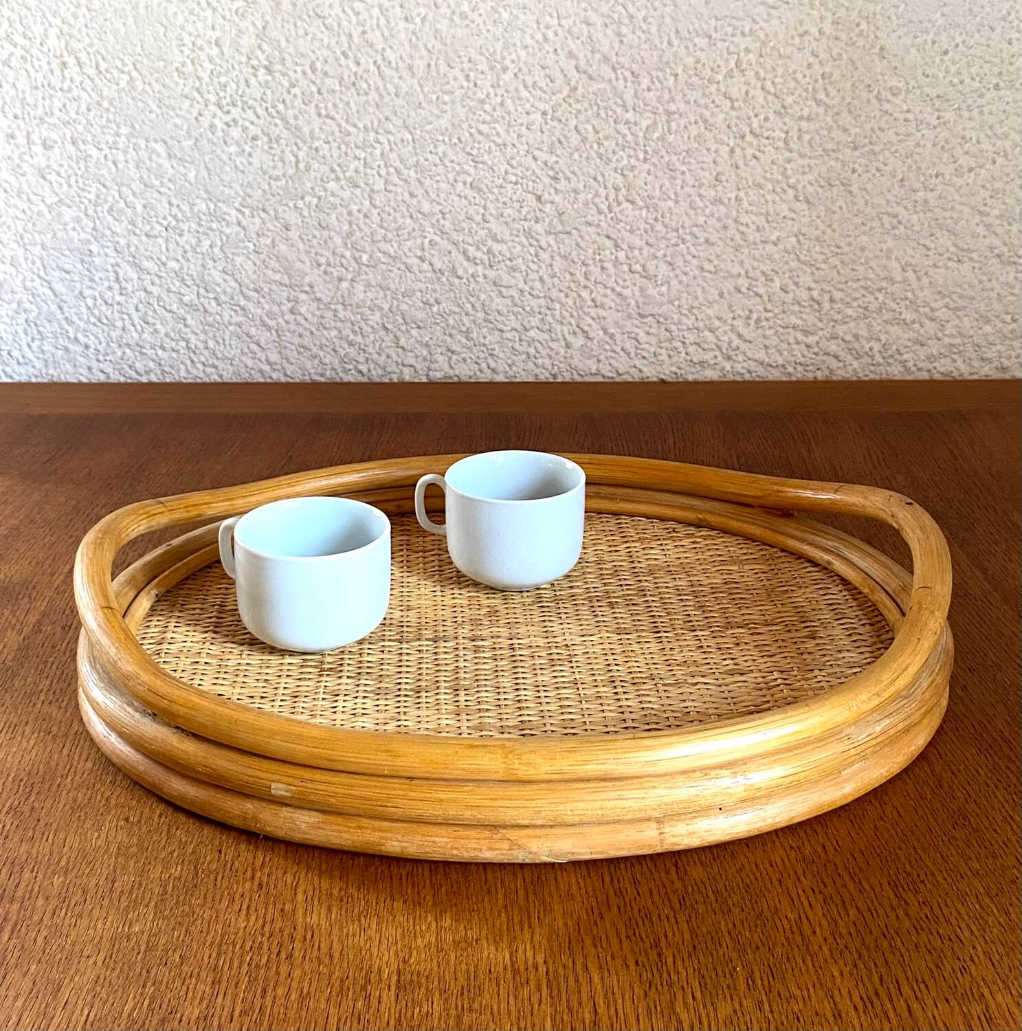 Oval tray made of rattan and bamboo from the 1970s