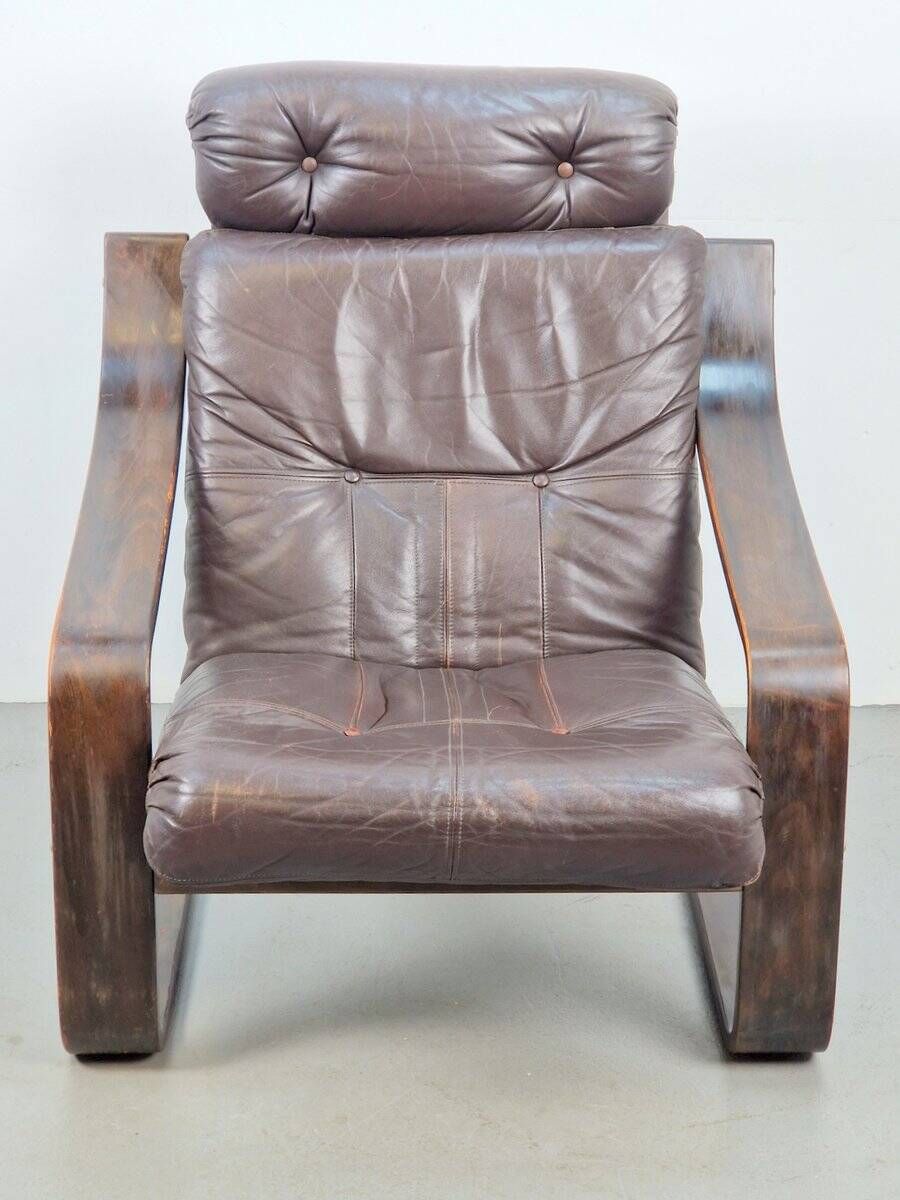 Vintage Armchair in Brown Leather and Bentwood attributed to Coja, 1970s