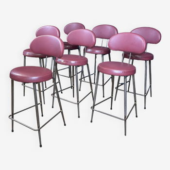 Set of 7 high cherry leatherette bar chairs for SIF France